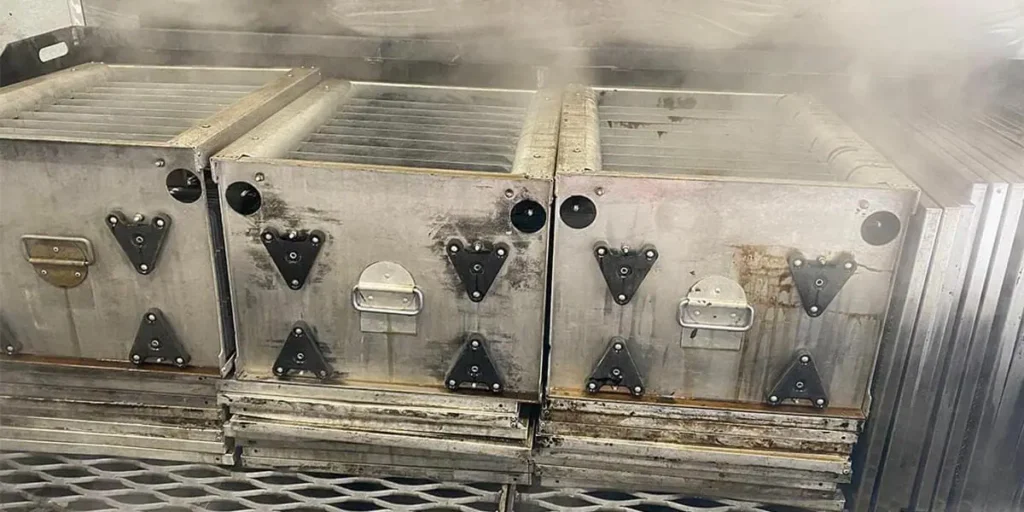 Industrial filter cleaned with EziWash Alkaline Spray Cleaner