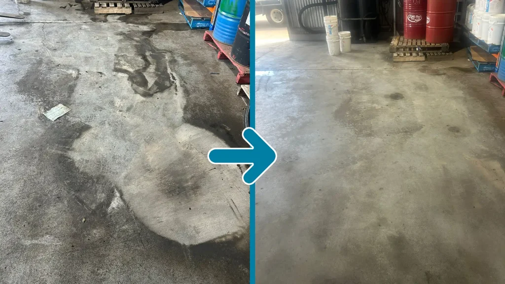 Before and After photo of workshop oil spill cleaned up by using EziFoam by Apollo